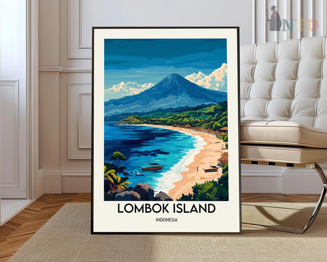 Lombok Island Indonesia Volcano Beach Vintage Style Travel Poster