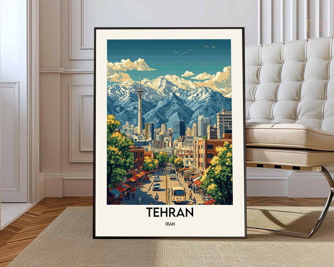 Tehran Iran City Street Milad Tower Mountain View Travel Poster