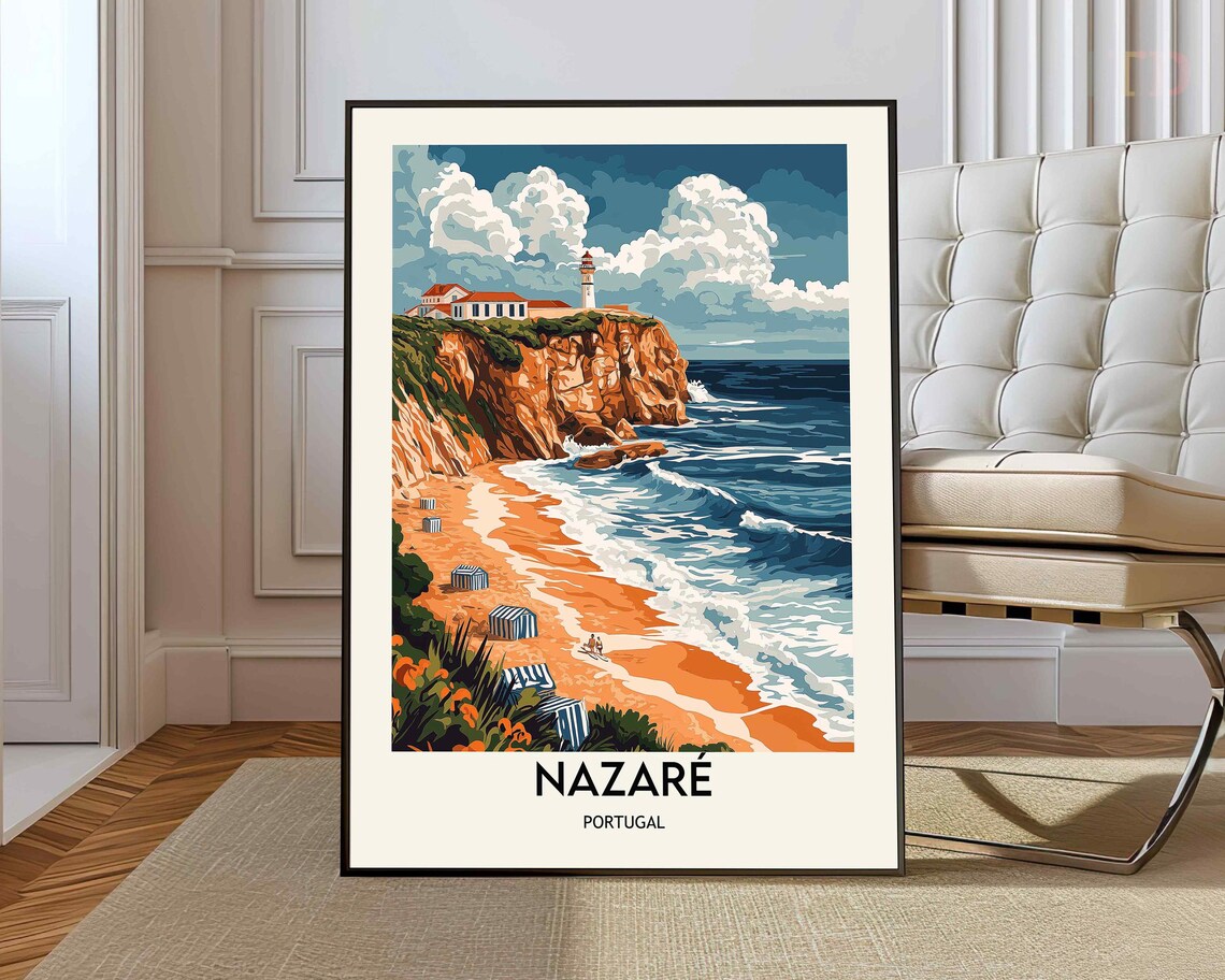 Nazare Portugal Cliff Lighthouse Sandy Beach Vintage Travel Poster
