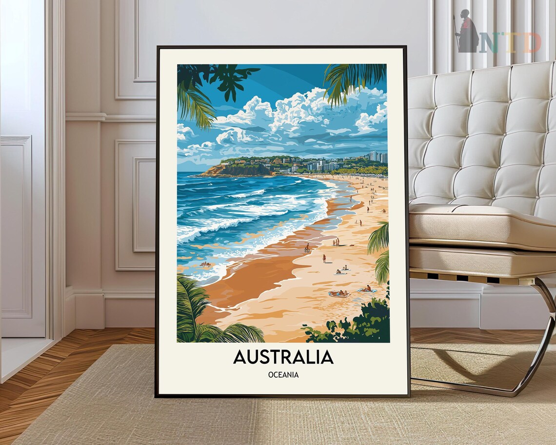 Australia Palm Framed Tropical Beach Headland Vintage Travel Poster