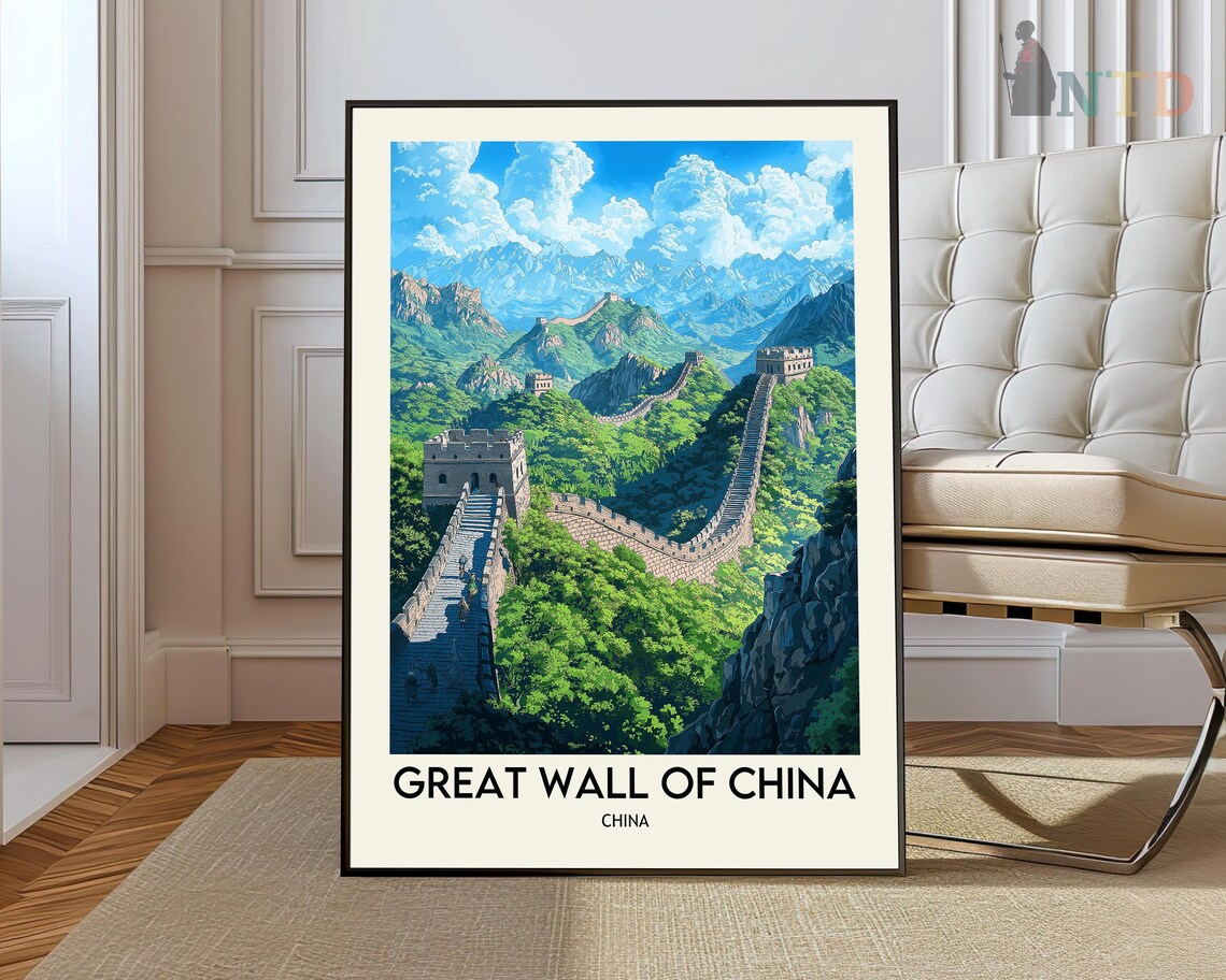 Great Wall of China Sunset Travel Poster, Scenic Landscape