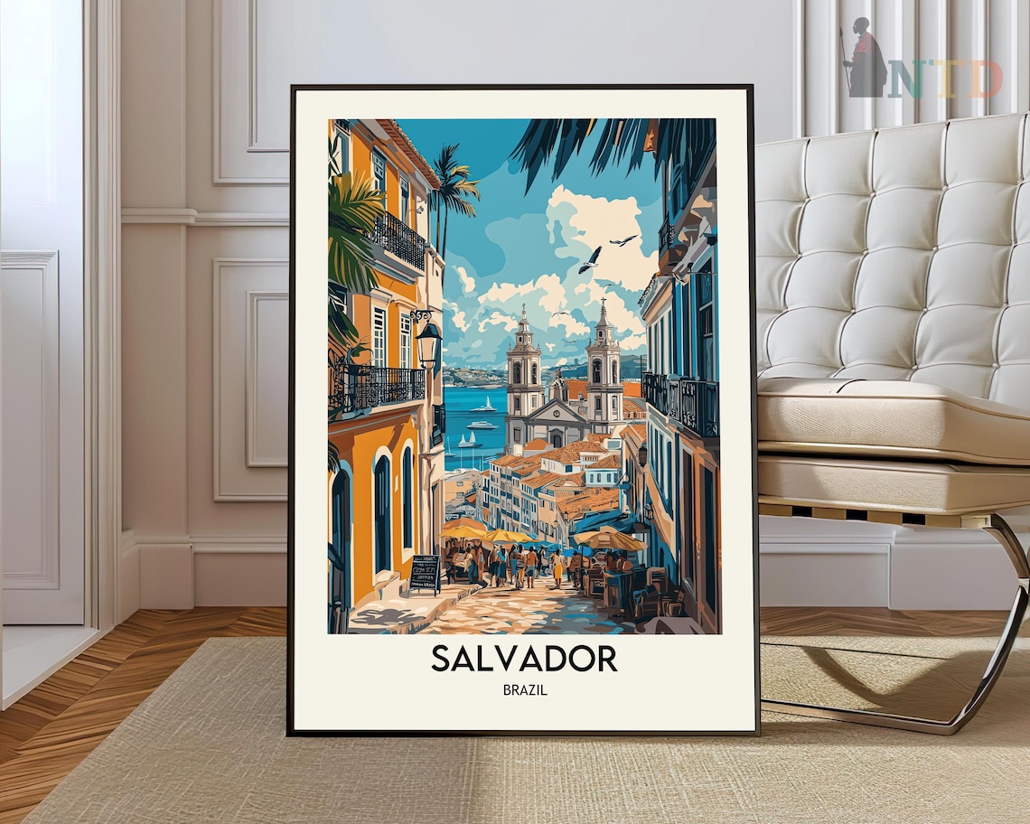 Salvador Brazil Colonial Street Church Harbor Vintage Travel Poster