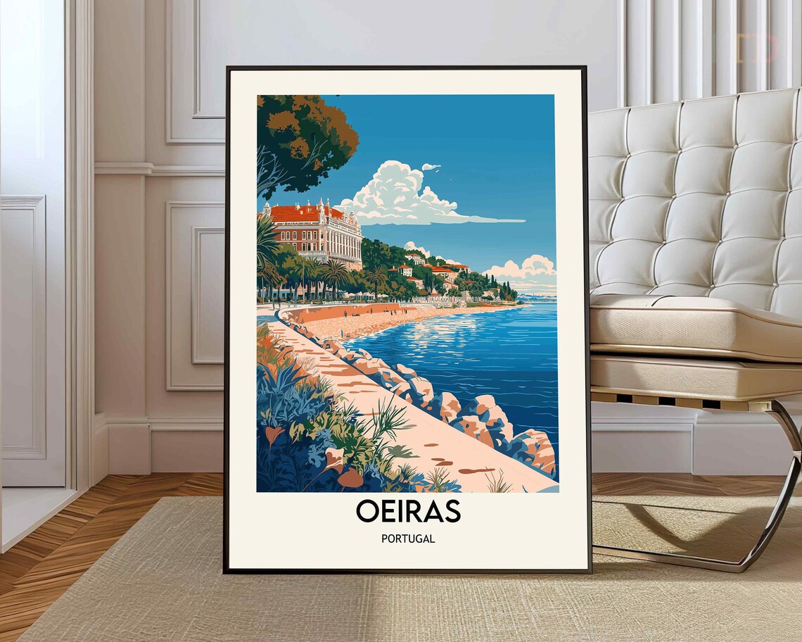 Oeiras Portugal Coastal Promenade Beach Town Vintage Travel Poster