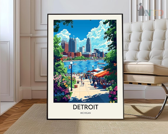 Detroit Michigan Vibrant Riverwalk Skyline Summer Day Travel Poster