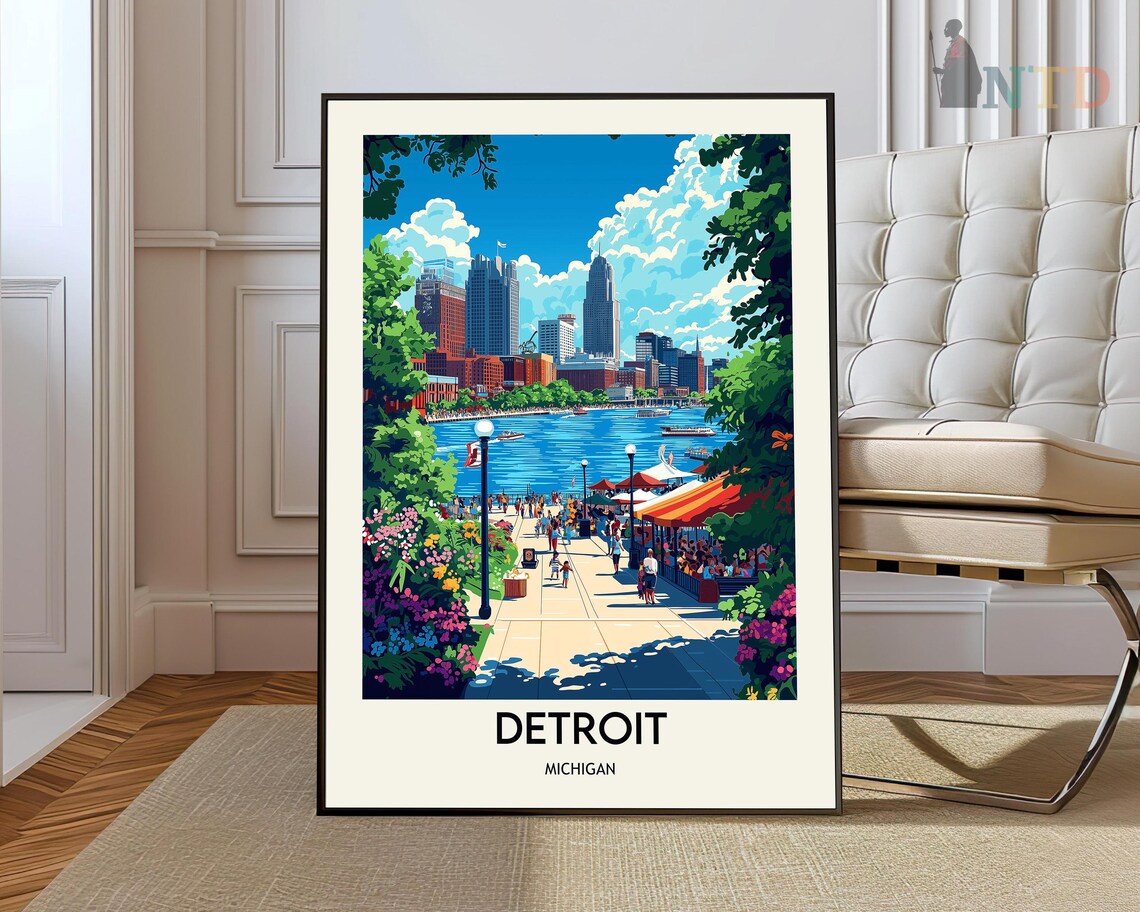 Detroit Michigan Vibrant Riverwalk Skyline Summer Day Travel Poster