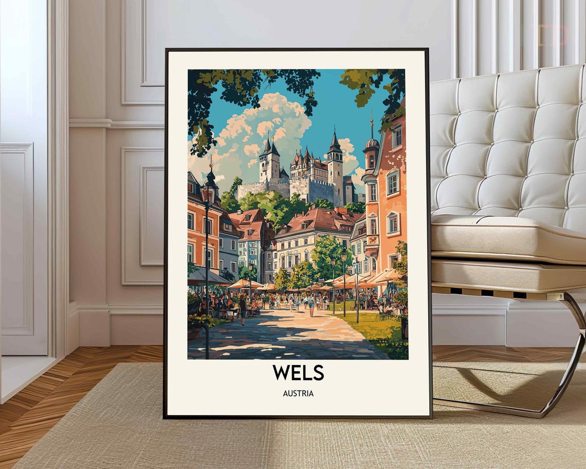 Wels Austria Vintage Travel Poster Old Town Square Castle Artwork
