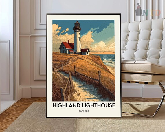Highland Lighthouse Cape Cod Dunes Ocean Vintage Style Travel Poster