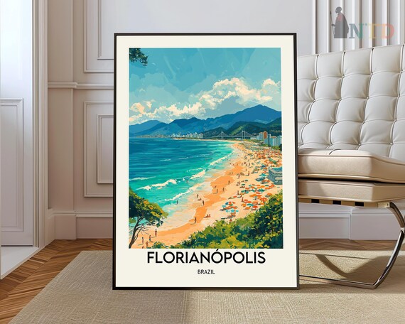 Florianopolis Brazil Sandy Beach Umbrellas Mountain Bay Travel Poster