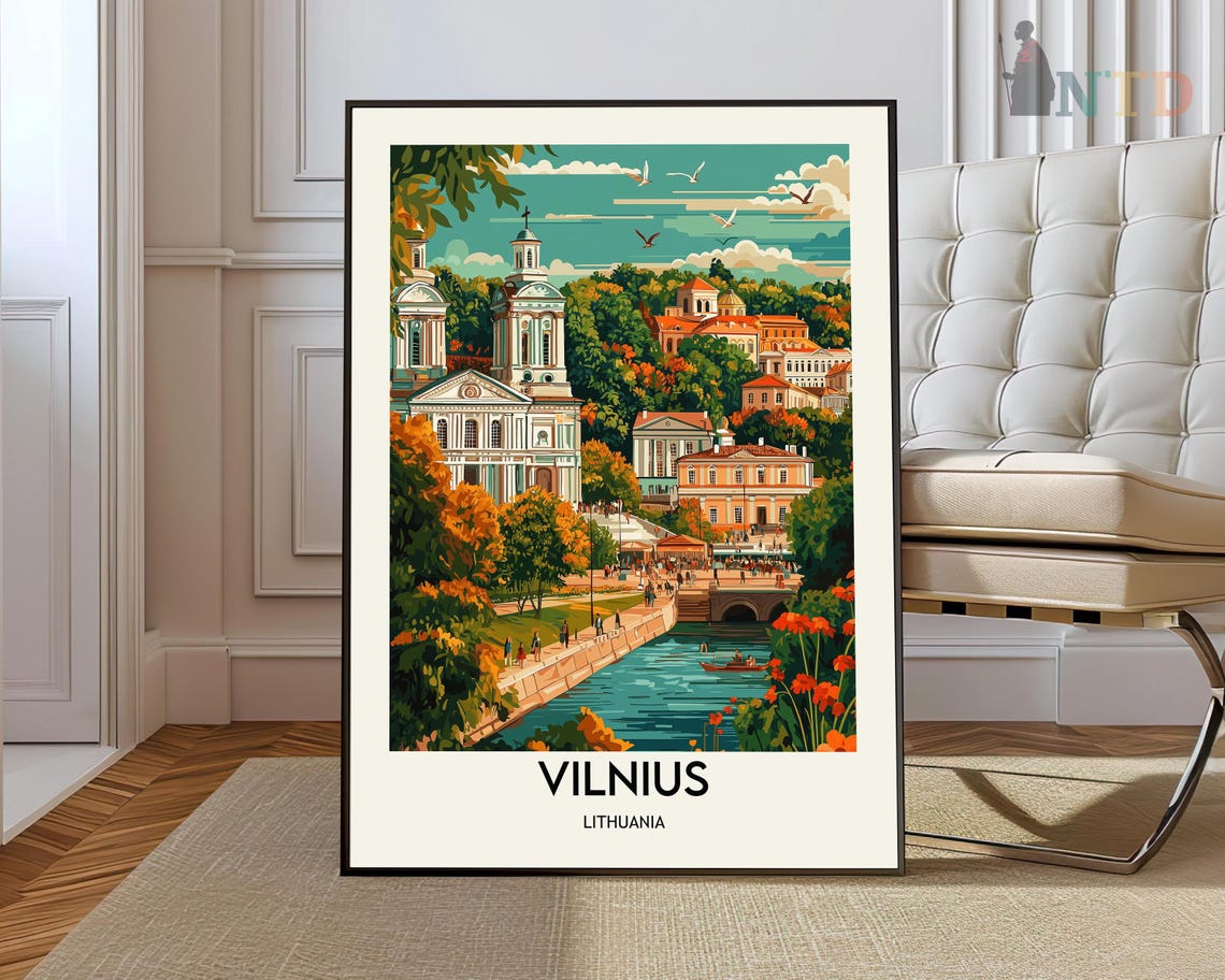 Vilnius Lithuania Old Town Church Riverside Vintage Travel Poster