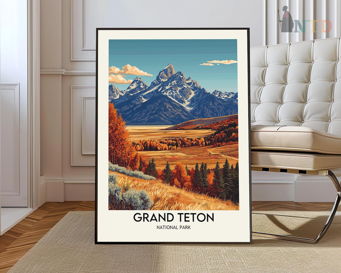 Grand Teton National Park Poster of Snowy Peaks above Golden Meadows