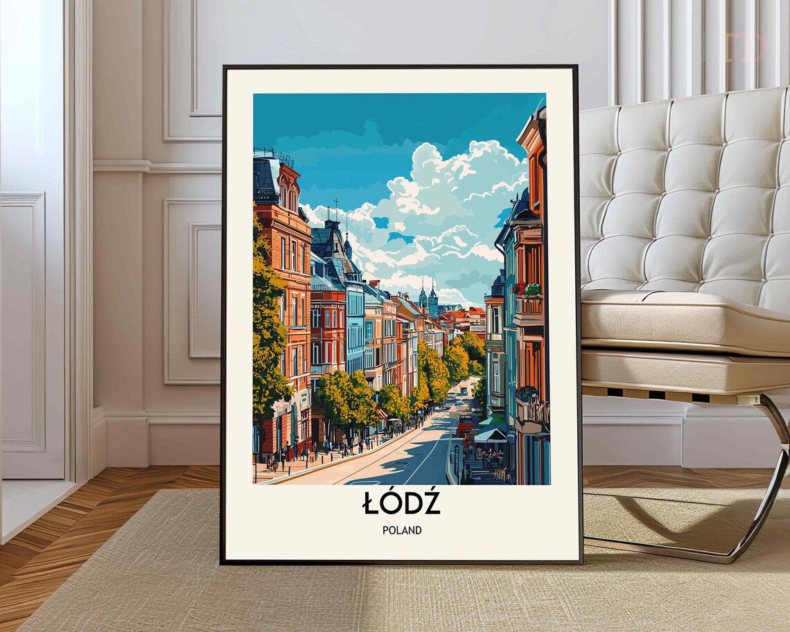 Lodz Poland Piotrkowska Street Illustrated Vintage Travel Poster