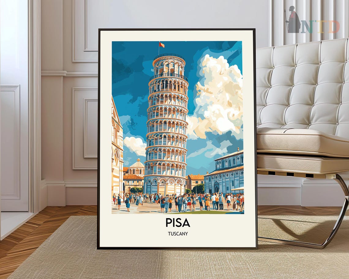 Pisa Tuscany Leaning Tower Crowded Square Summer Travel Poster