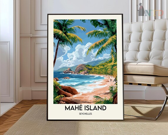 Mahe Island Seychelles Tropical Beach Palm Trees Travel Poster