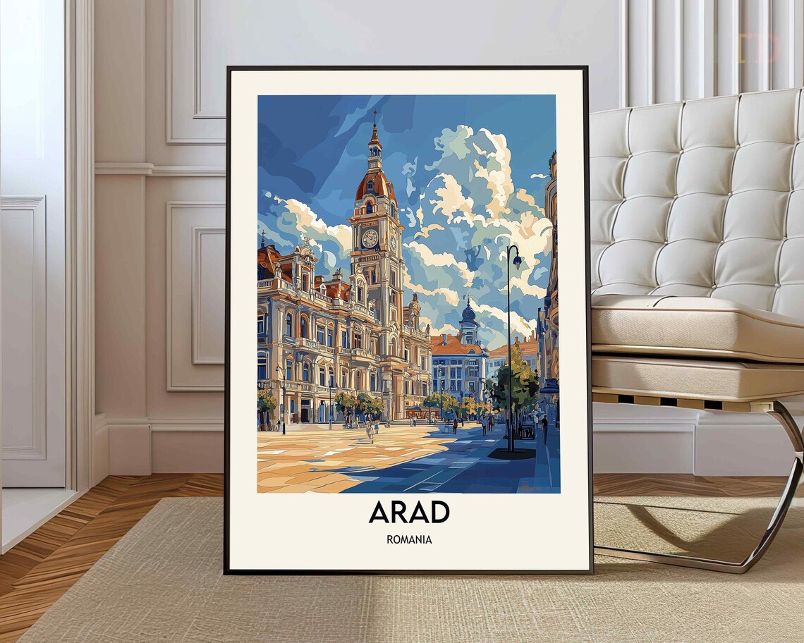 Arad Romania Vintage-Style City Hall Travel Illustration Poster