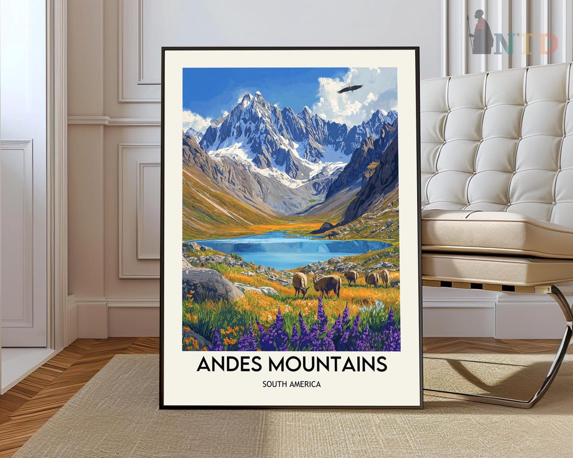 Andes Mountains South America Snow Peak Alpine Lake Grazing Poster
