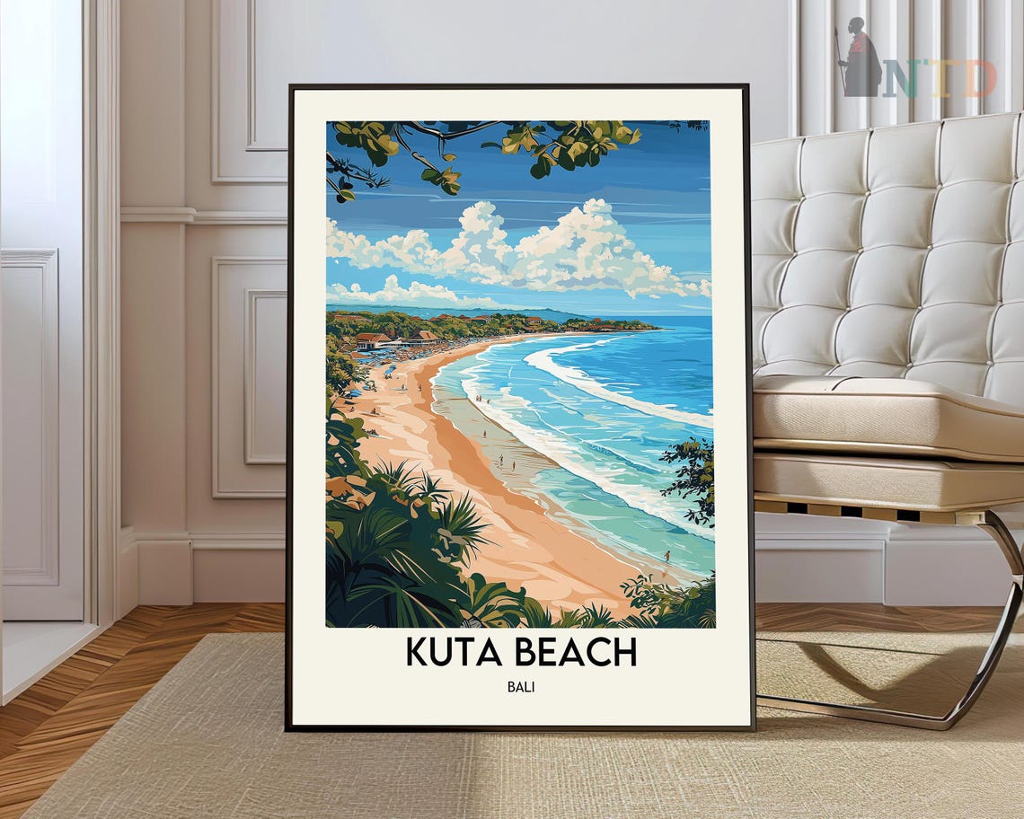 Kuta Beach Bali Aerial Surfers Riding Turquoise Waves Travel Poster