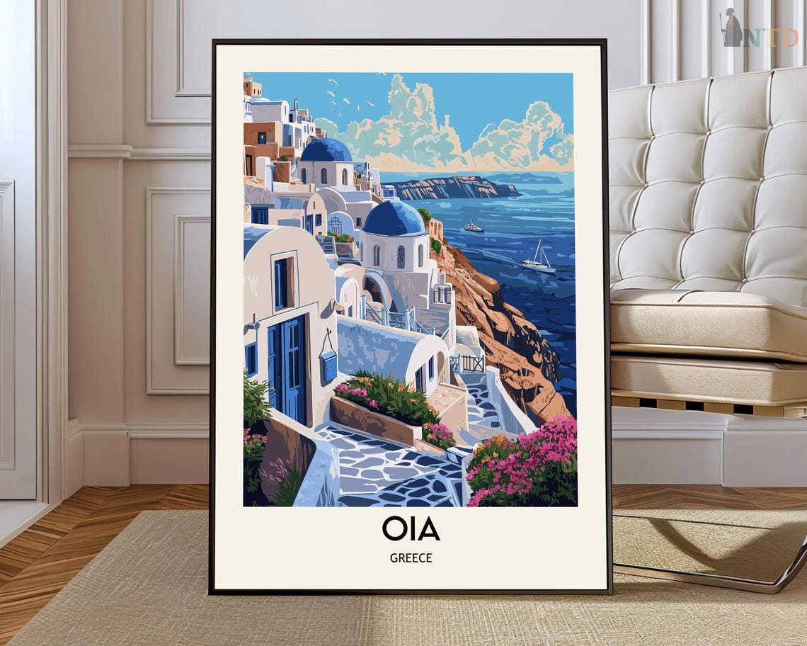 Oia Santorini Greece Blue Domes Seaside Cliffs Travel Poster