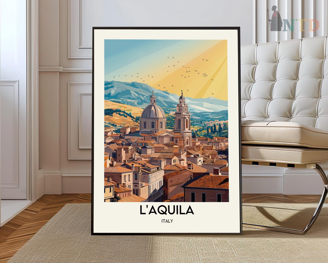 LAquila Italy Dome Bell Tower Mountain Valley Historic Travel Poster