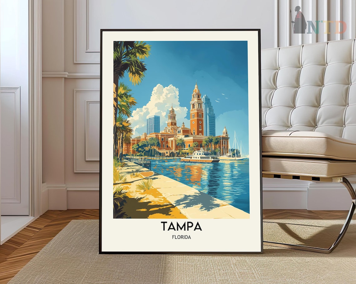Tampa Florida Historic Minarets Riverfront Palm Trees Travel Poster