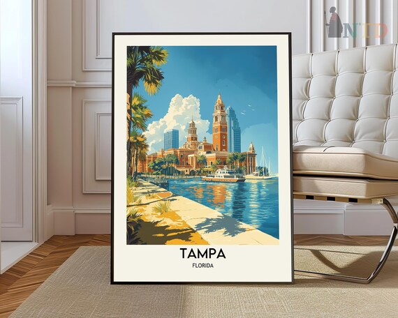 Tampa Florida Historic Minarets Riverfront Palm Trees Travel Poster