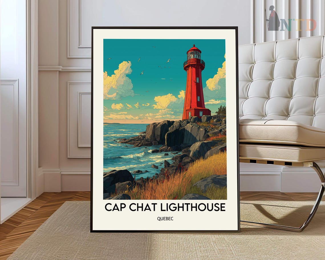 Cap Chat Lighthouse Red Tower Sunset Clouds Quebec Travel Art Poster