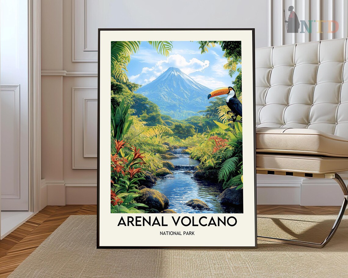 Arenal Volcano National Park Poster with Jungle River and Toucan Wildlife Art