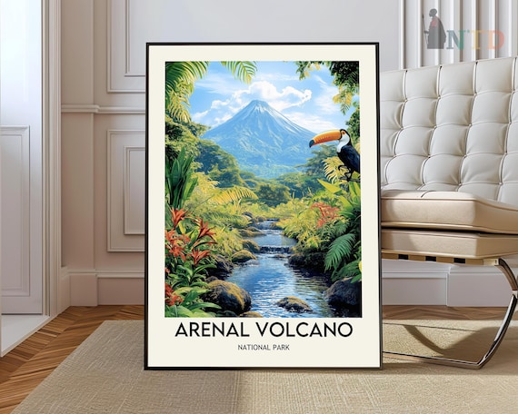 Arenal Volcano National Park Poster with Jungle River and Toucan Wildlife Art