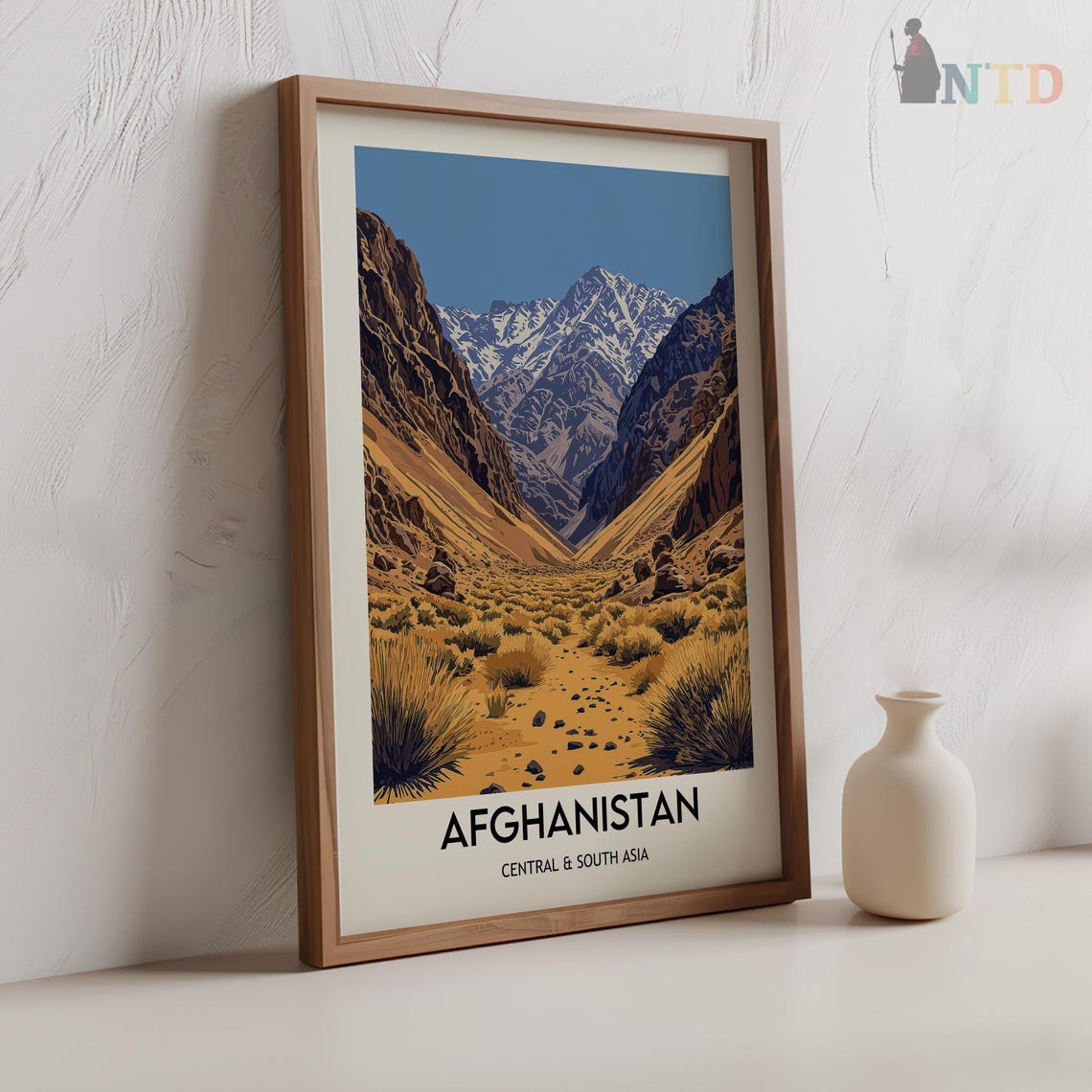 Snow Capped Peaks Over a Desert Valley Afghanistan Travel Poster - Image 2