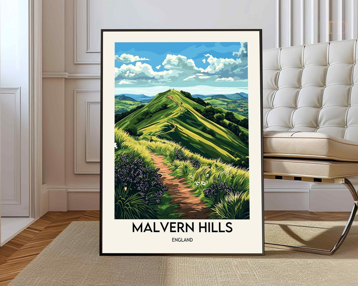 Malvern Hills England Green Rolling Hills Vintage Travel Poster