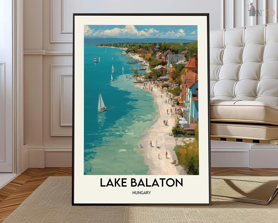 Lake Balaton Hungary Sunny Beach Aerial View Vintage Travel Poster