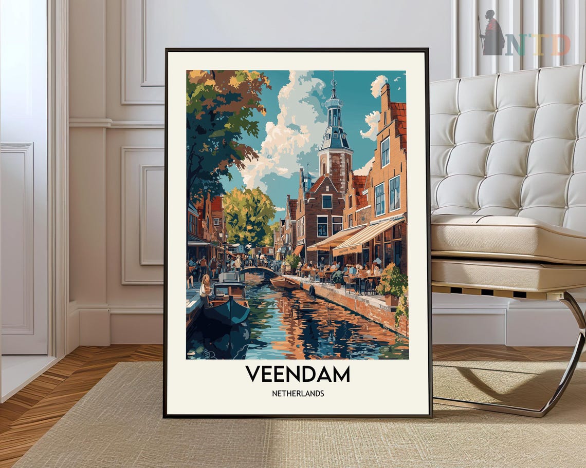 Veendam Netherlands Canal With Clock Tower Travel Scene Poster