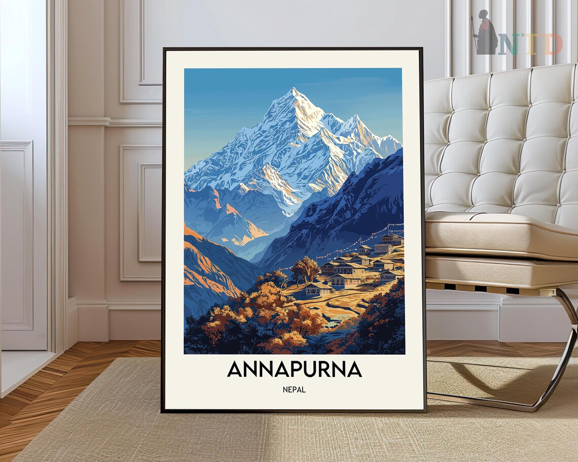 Annapurna Nepal Himalayan Snow Peak Village Vintage Travel Poster