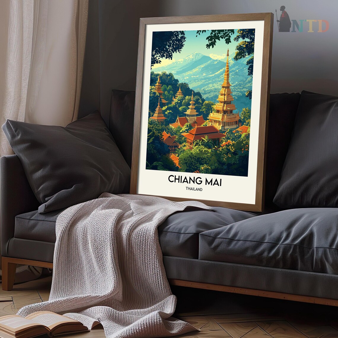Chiang Mai Jungle Golden Pagodas Mountain Vintage Travel Poster - Image 3