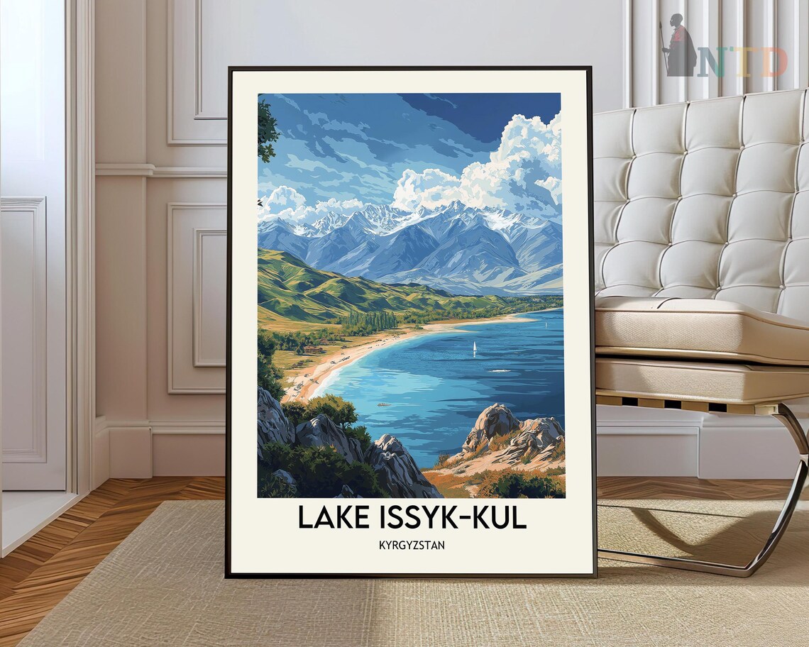 Lake Issyk-Kul Kyrgyzstan Mountain Lake Scenic Retro Travel Poster
