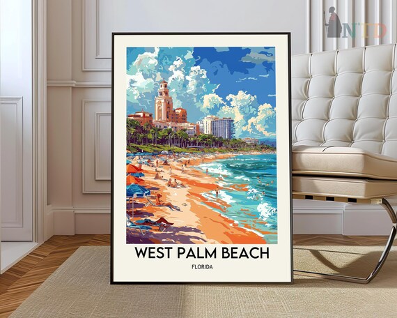 West Palm Beach Florida Historic Tower Beach Umbrellas Travel Poster