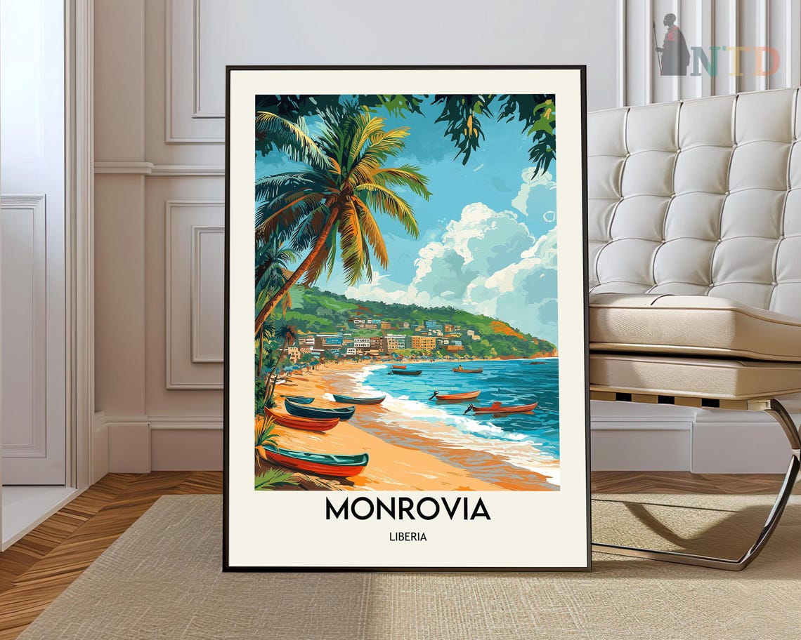 Bright Monrovia Liberia Palm Beach Colorful Boats Travel Poster