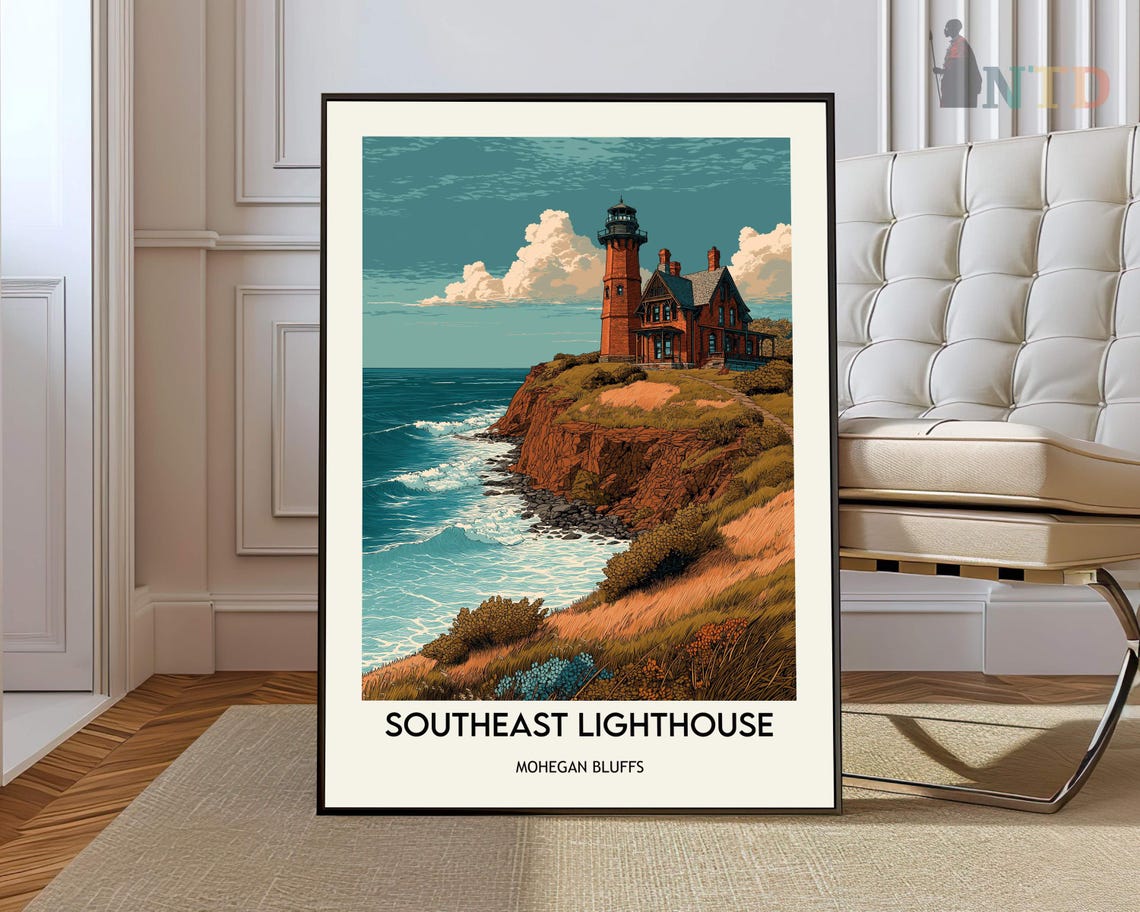 Southeast Lighthouse Mohegan Bluffs Vintage Travel Poster Ocean