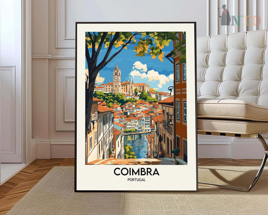 Coimbra Portugal Riverside Old Town Cathedral Vintage Travel Poster
