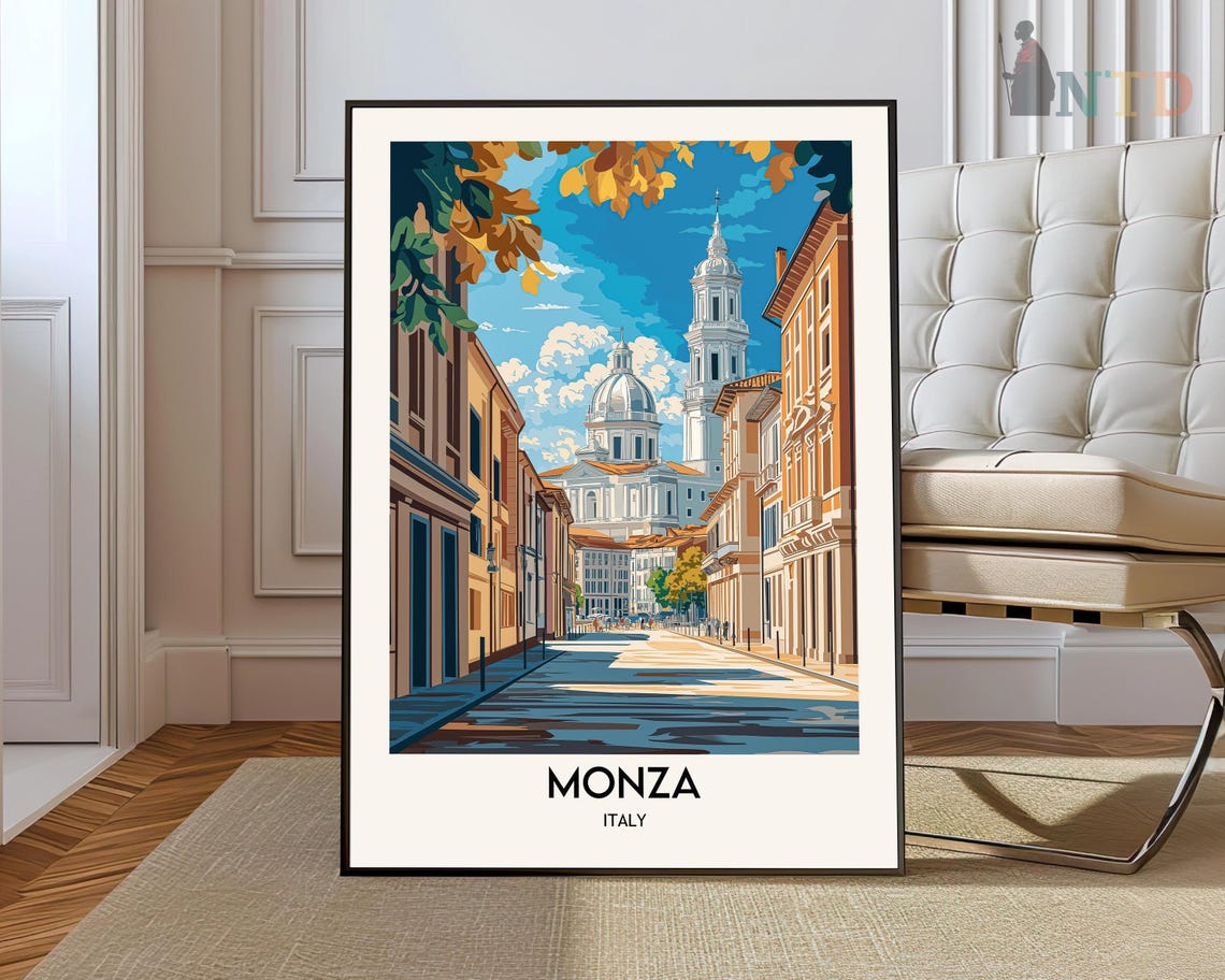 Monza Italy Cathedral Street Sunlit Old Town Scene Travel Poster