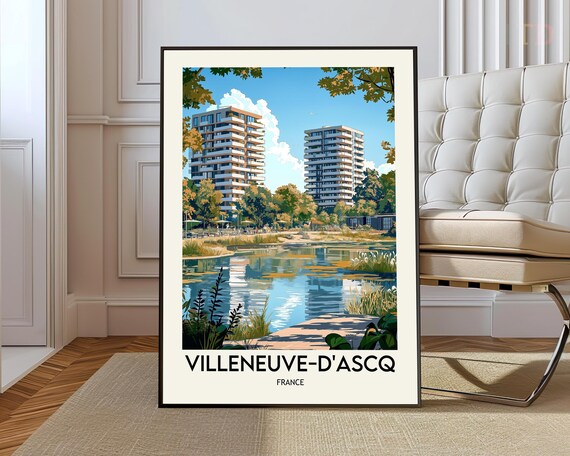 Villeneuve-d'Ascq France Modern Towers Lake Reflection Travel Poster