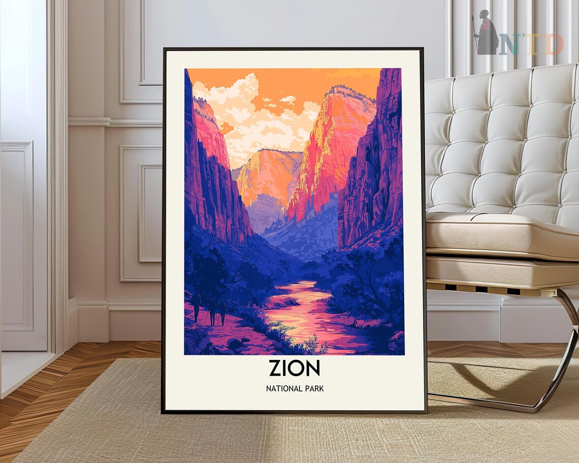 Zion National Park Utah Canyon River Dusk Vintage Travel Poster