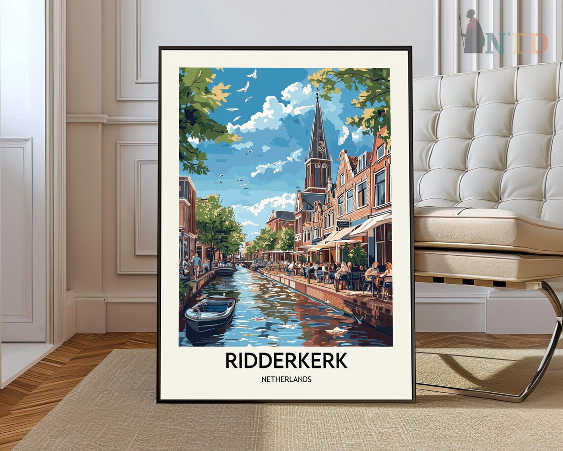 Ridderkerk Netherlands Canal Cafe Terrace Summer Vintage Travel Poster