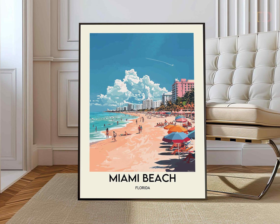 Miami Beach Florida Ocean Umbrellas Skyline Vintage Travel Poster