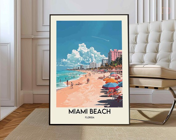 Miami Beach Florida Ocean Umbrellas Skyline Vintage Travel Poster