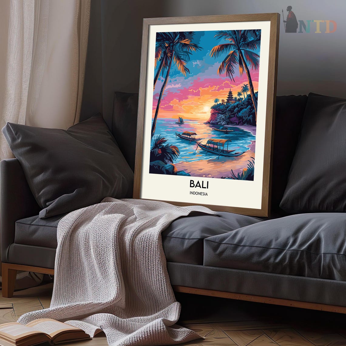 Bali Beach Sunset Outrigger Boats Palm Trees Scene Travel Poster - Image 3
