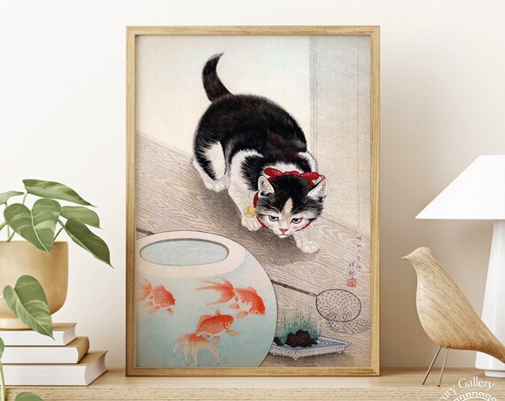 Black Cat Watching Goldfish Bowl Vintage Japanese Cat Animal Art Poster