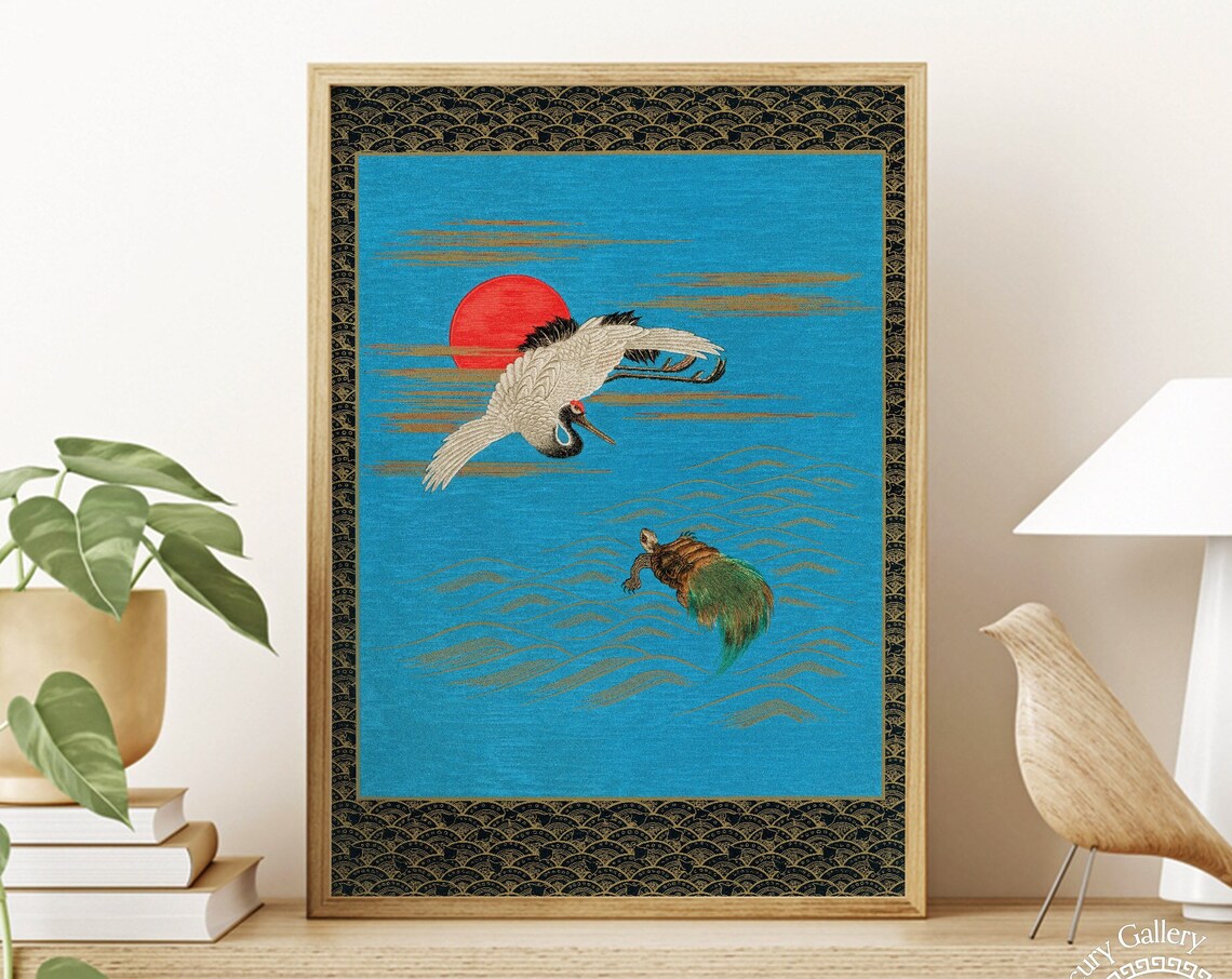 White Crane Turtle Sea Red Sun Japanese Maximalist Crane Art Print