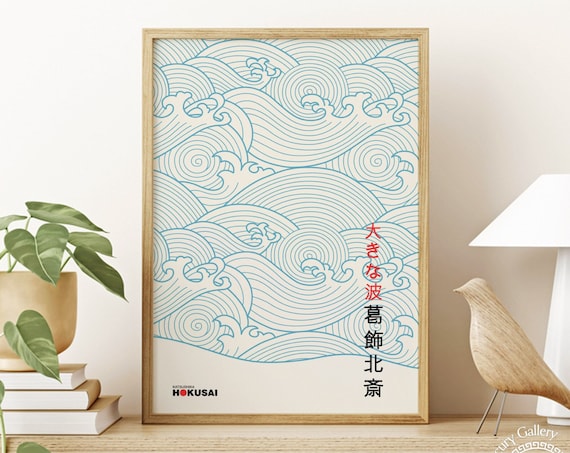 Hokusai Swirling Blue Wave Lines With Japanese Text Wave Art Poster