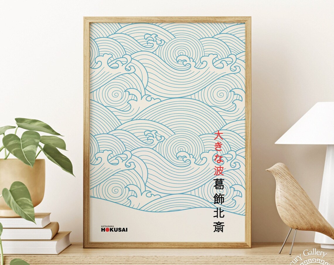 Hokusai Swirling Blue Wave Lines With Japanese Text Wave Art Poster