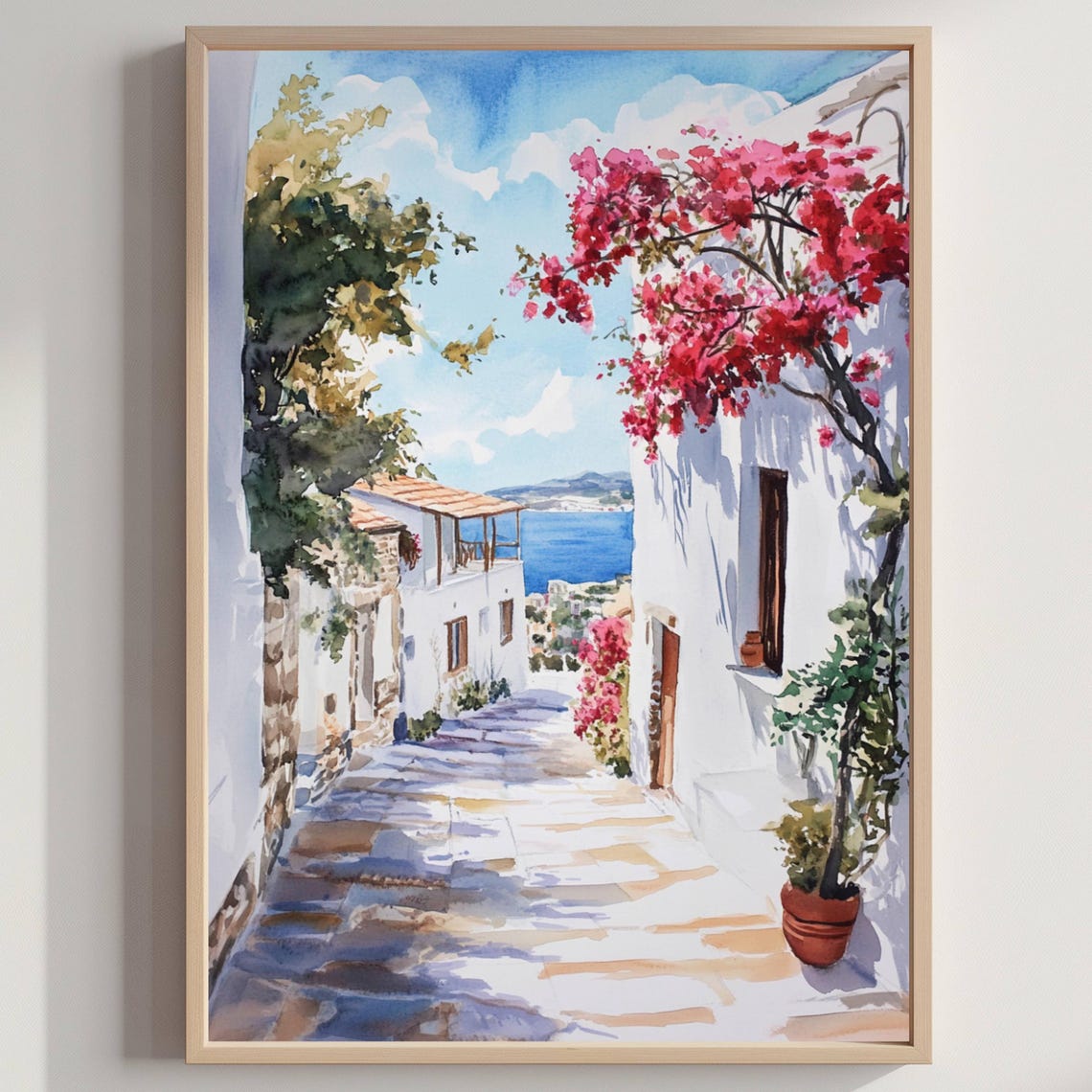 Greek Island Alleyway Bougainvillea Watercolor Aegean Sea Poster